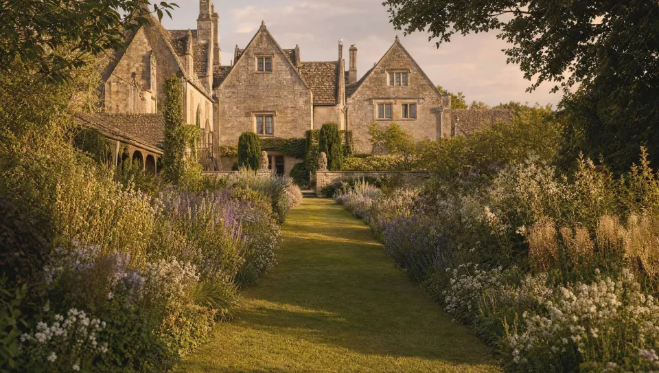 Hartwell and Vale studio showpiece with structured planting, stone paths, and evening light.