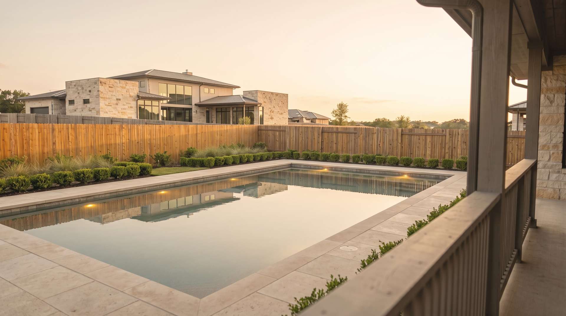 A bare backyard transformed into a completed pool at dusk
