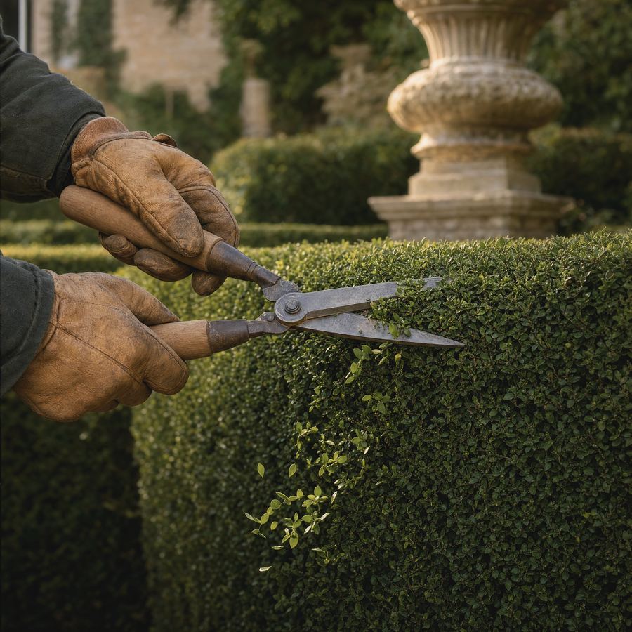 Boxwood clipped by hand with steel shears