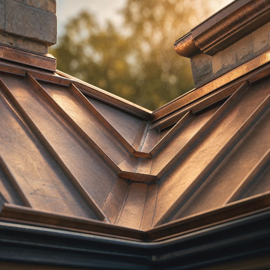 Copper roof valley, standing seams in late sun