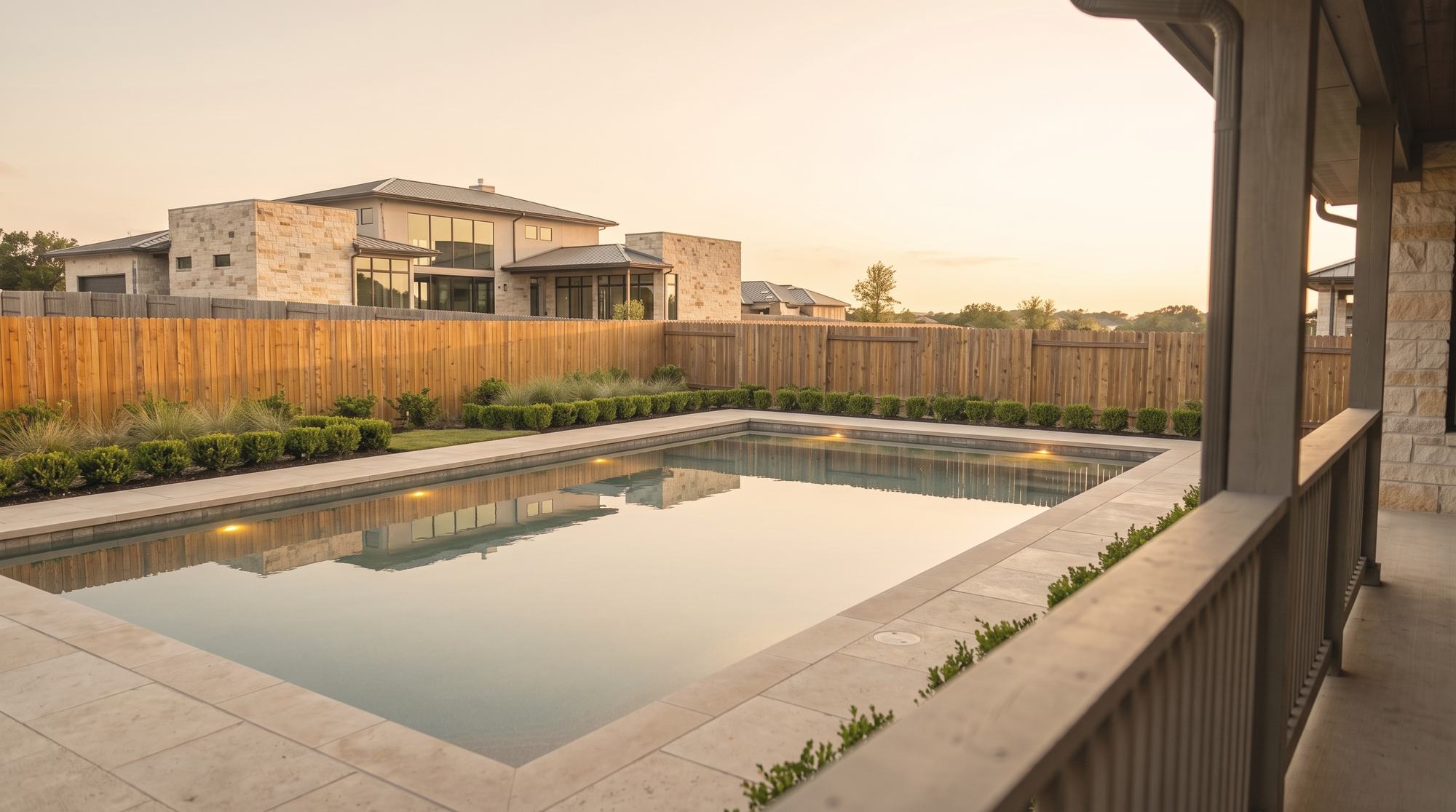 Stillwater Pools & Outdoor · the arrival scene: a completed pool at dusk, glass-still